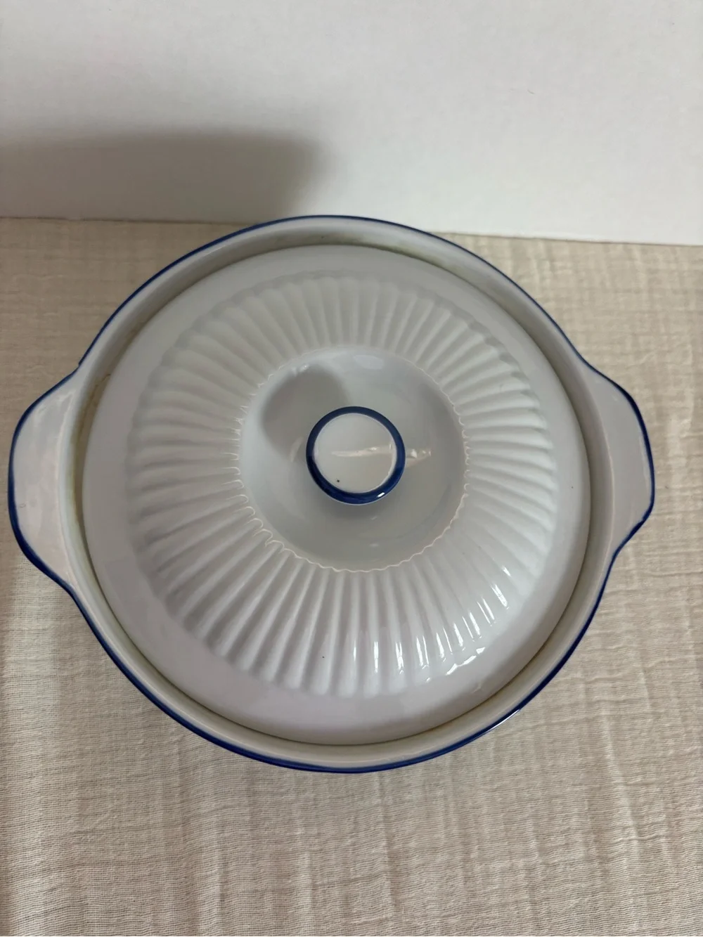 White Ceramic Covered Casserole with Blue Rim
